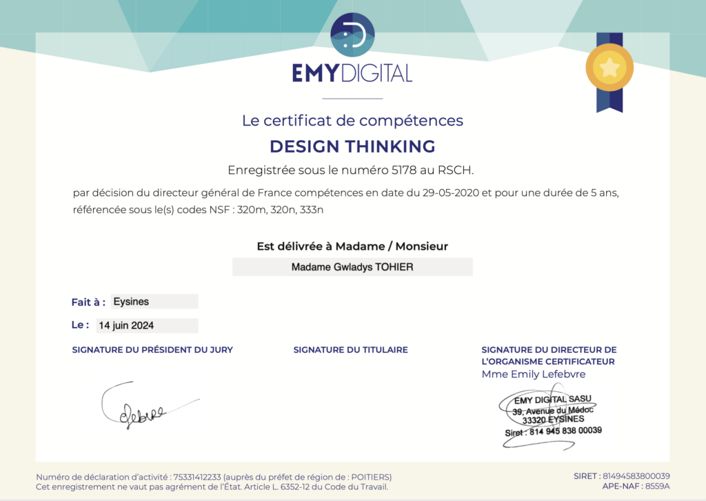 Certification EMYDIGITAL 
DESIGN THINKING